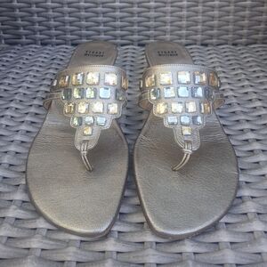 Stuart Weitzman Metallic Gold Jeweled Thong Sandals